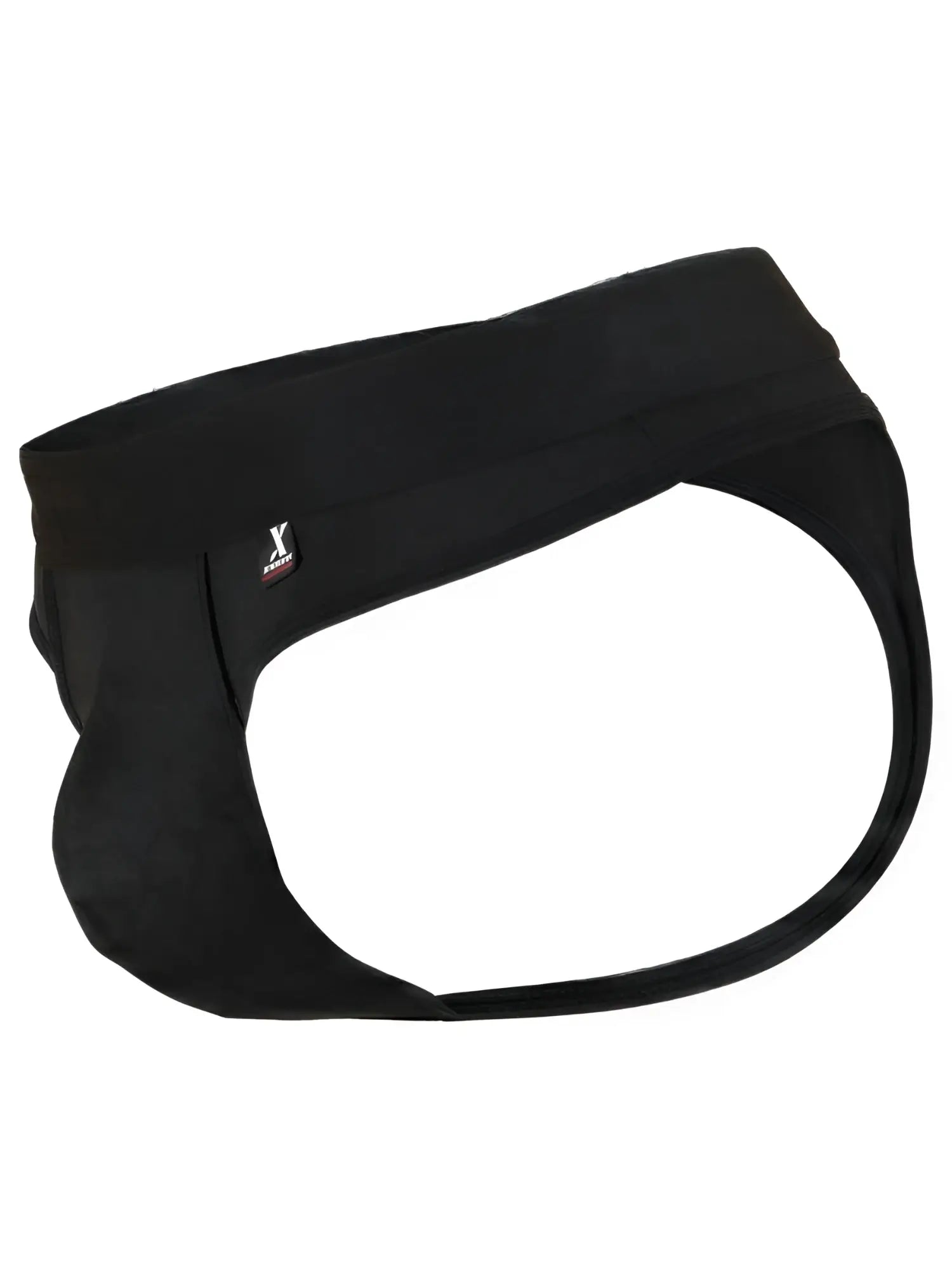 Xtremen black thong featuring a matte finish, thick waistband, and small brand logo tab.