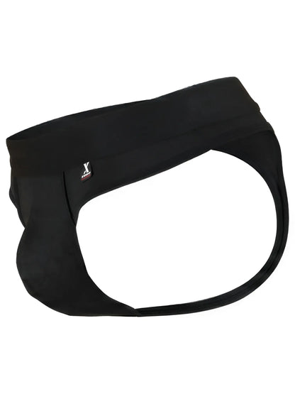 Xtremen black thong featuring a matte finish, thick waistband, and small brand logo tab.