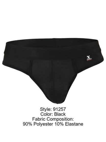 Xtremen black thong with a wide waistband, textured fabric, and a small brand logo tag on the side.