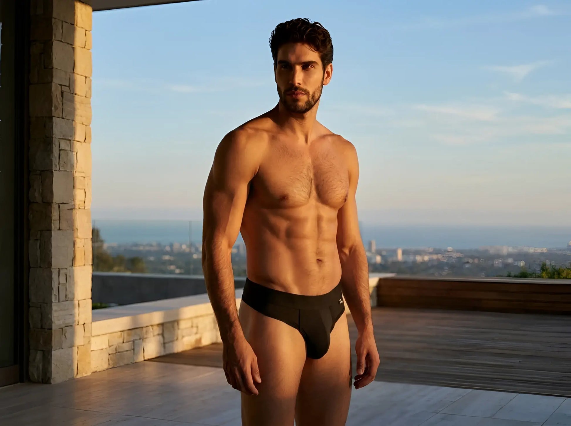 Xtremen black thong worn by a shirtless man on a balcony, featuring a minimalist design and fitted waistband.