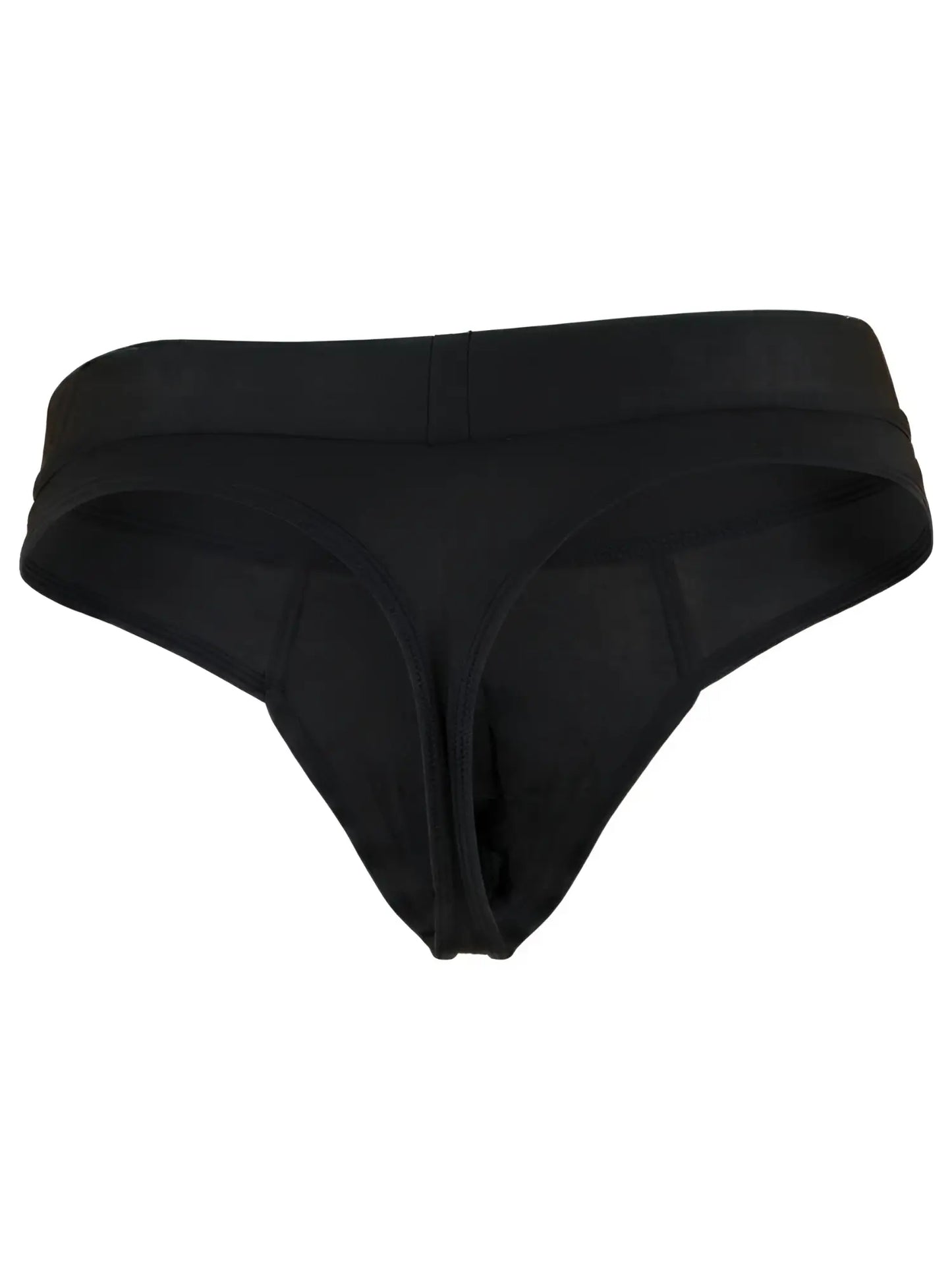 Xtremen black thong for men with a wide, matte fabric waistband and stitch detailing.