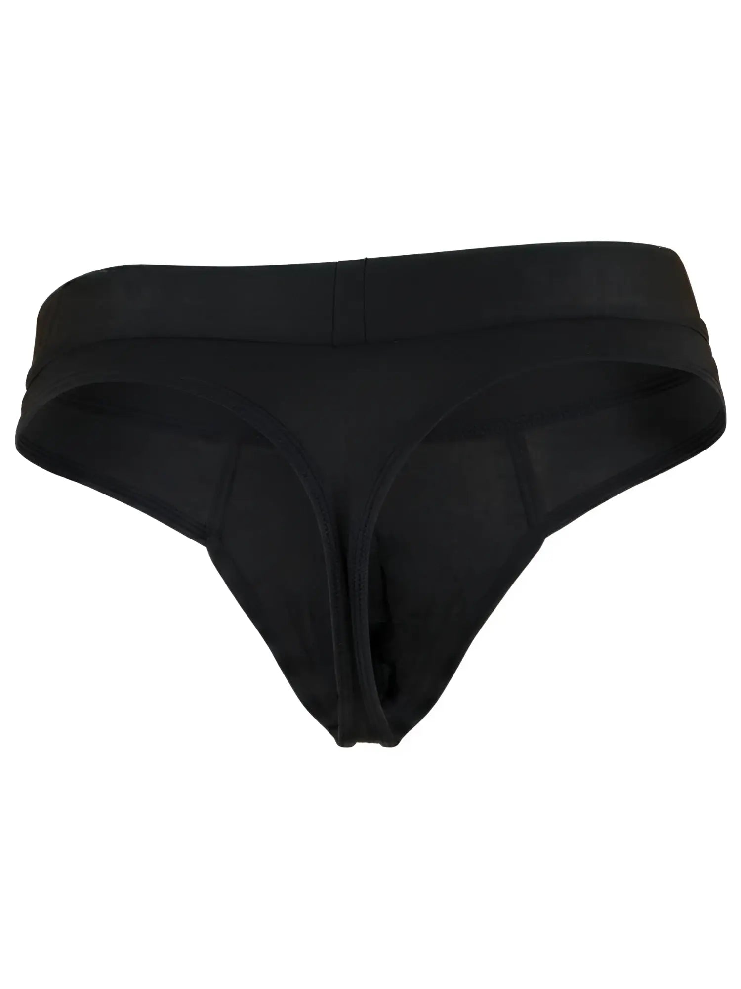 Xtremen black thong for men with a wide, matte fabric waistband and stitch detailing.