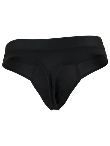 Xtremen black thong for men with a wide, matte fabric waistband and stitch detailing.