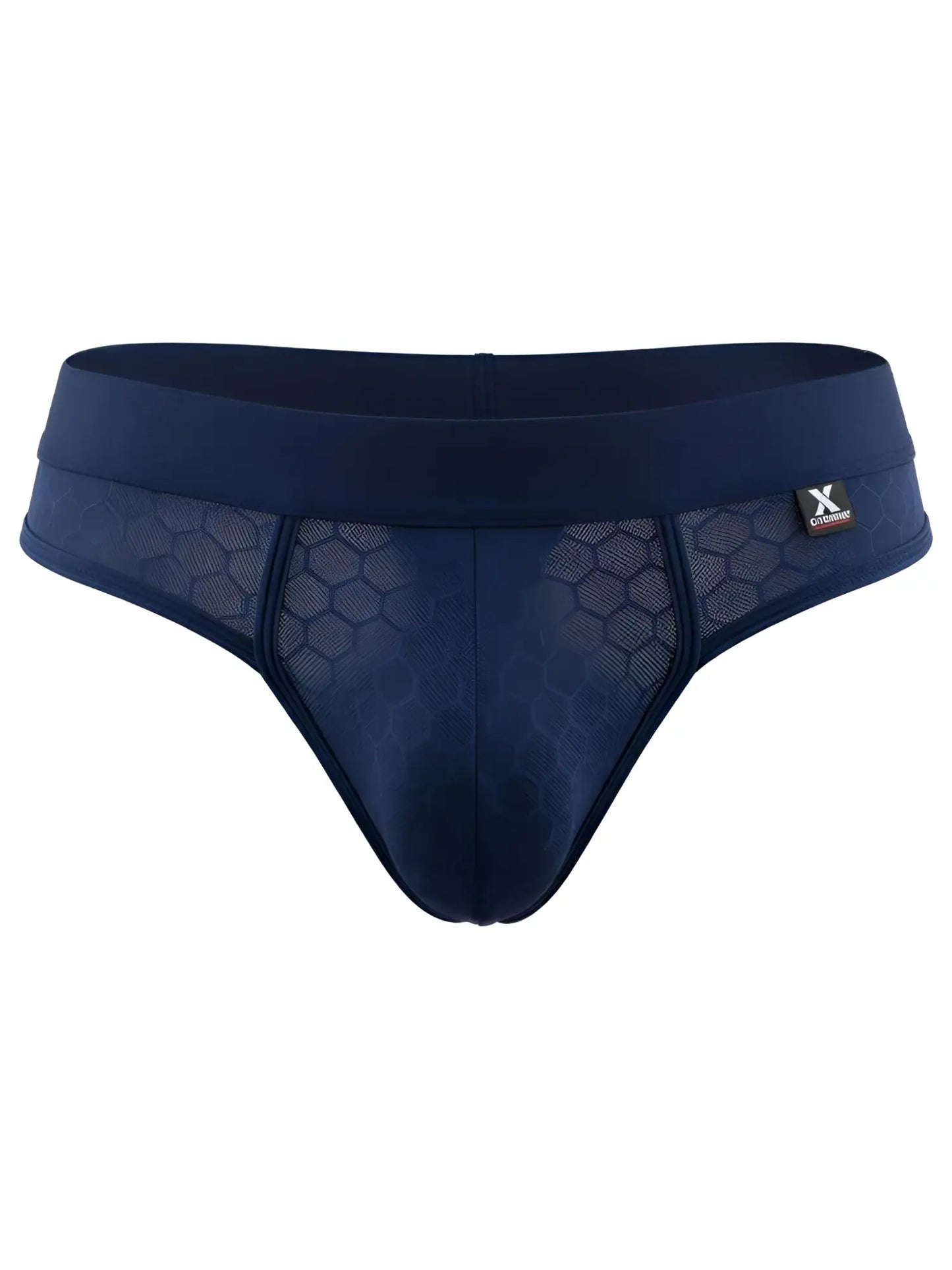 Xtremen navy blue bikini brief with a textured honeycomb mesh pattern and a thick elastic waistband.