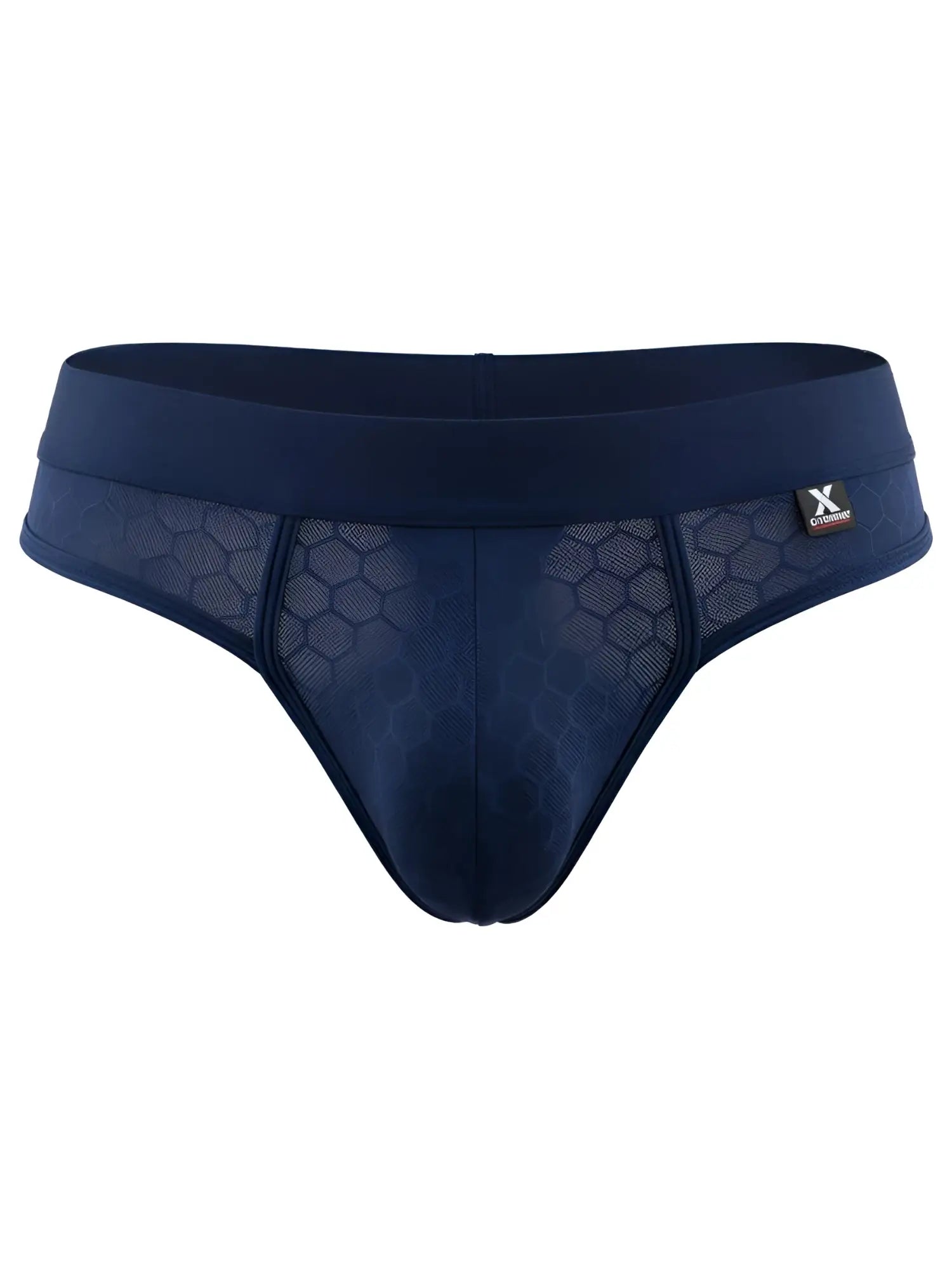 Xtremen navy blue bikini brief with a textured honeycomb mesh pattern and a thick elastic waistband.