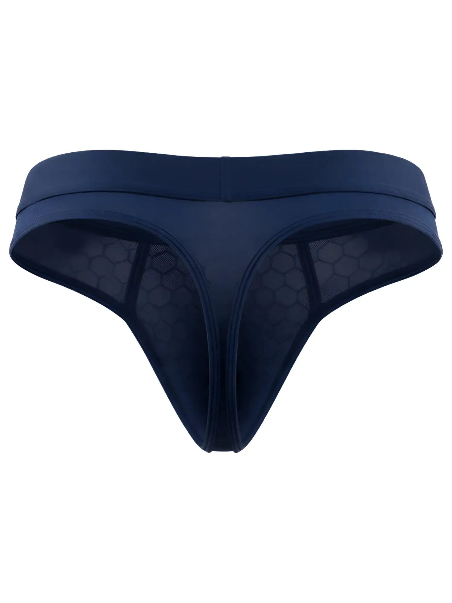 Xtremen navy blue thong featuring a textured honeycomb mesh fabric pattern.