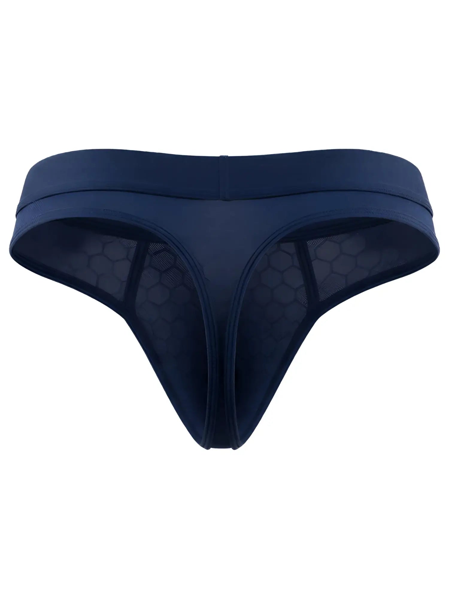 Xtremen navy blue thong featuring a textured honeycomb mesh fabric pattern.