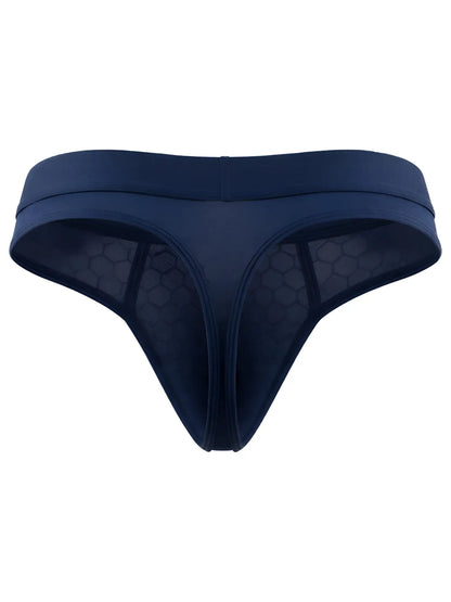 Xtremen navy blue thong featuring a textured honeycomb mesh fabric pattern.