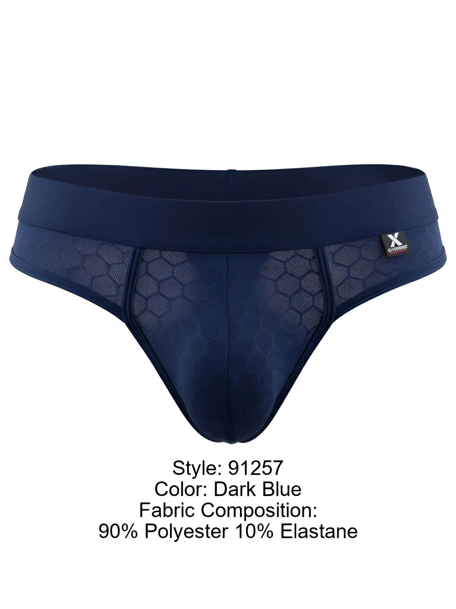 Xtremen dark blue bikini brief featuring a semi-sheer honeycomb mesh pattern and an elastic waistband with brand logo.