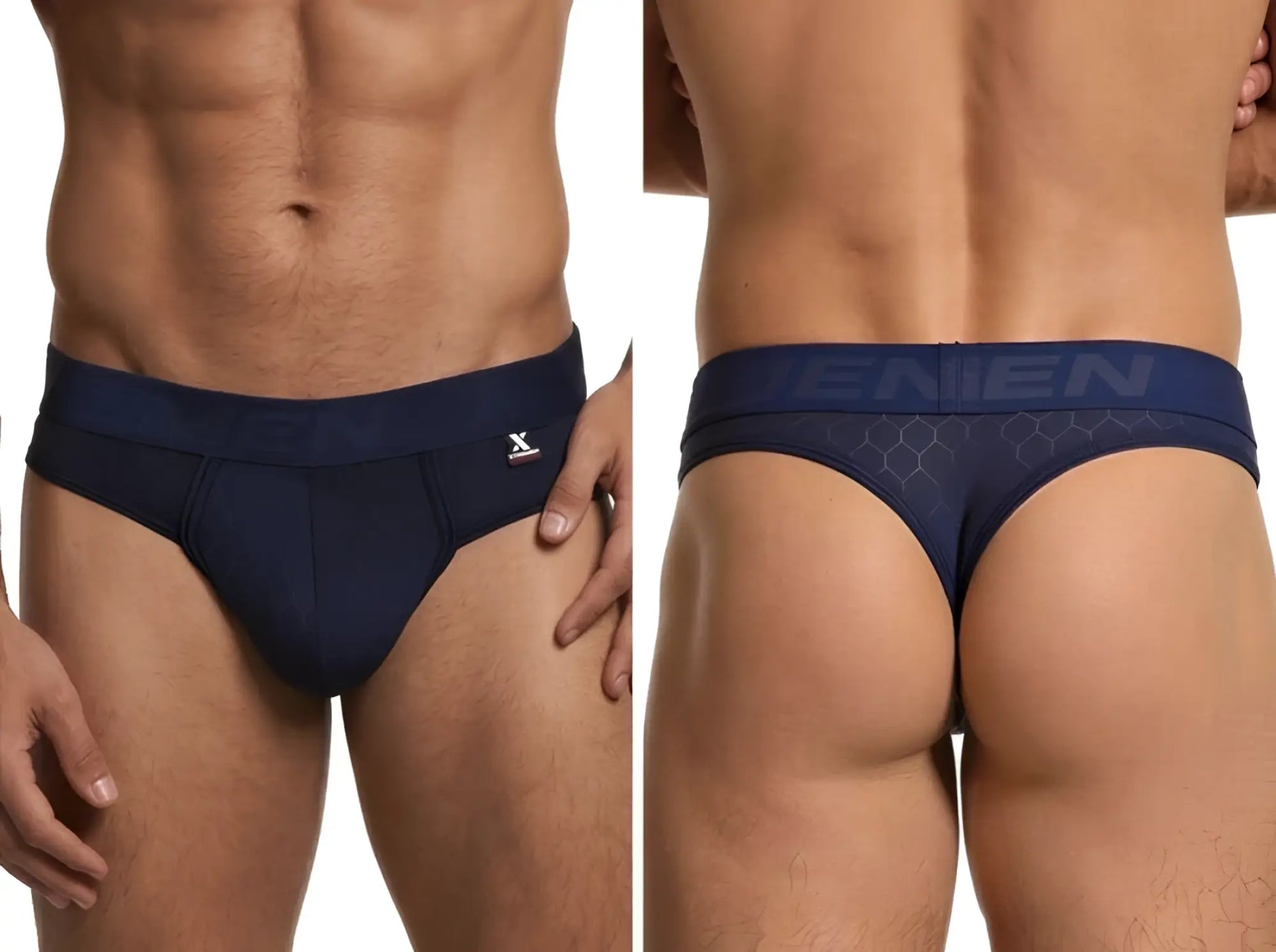 Xtremen navy thong with a hexagonal pattern, featuring a branded waistband and a form-fitting, sleek fabric finish.