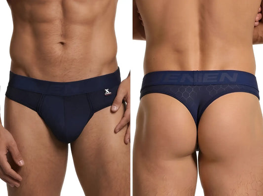 Xtremen navy thong with a hexagonal pattern, featuring a branded waistband and a form-fitting, sleek fabric finish.