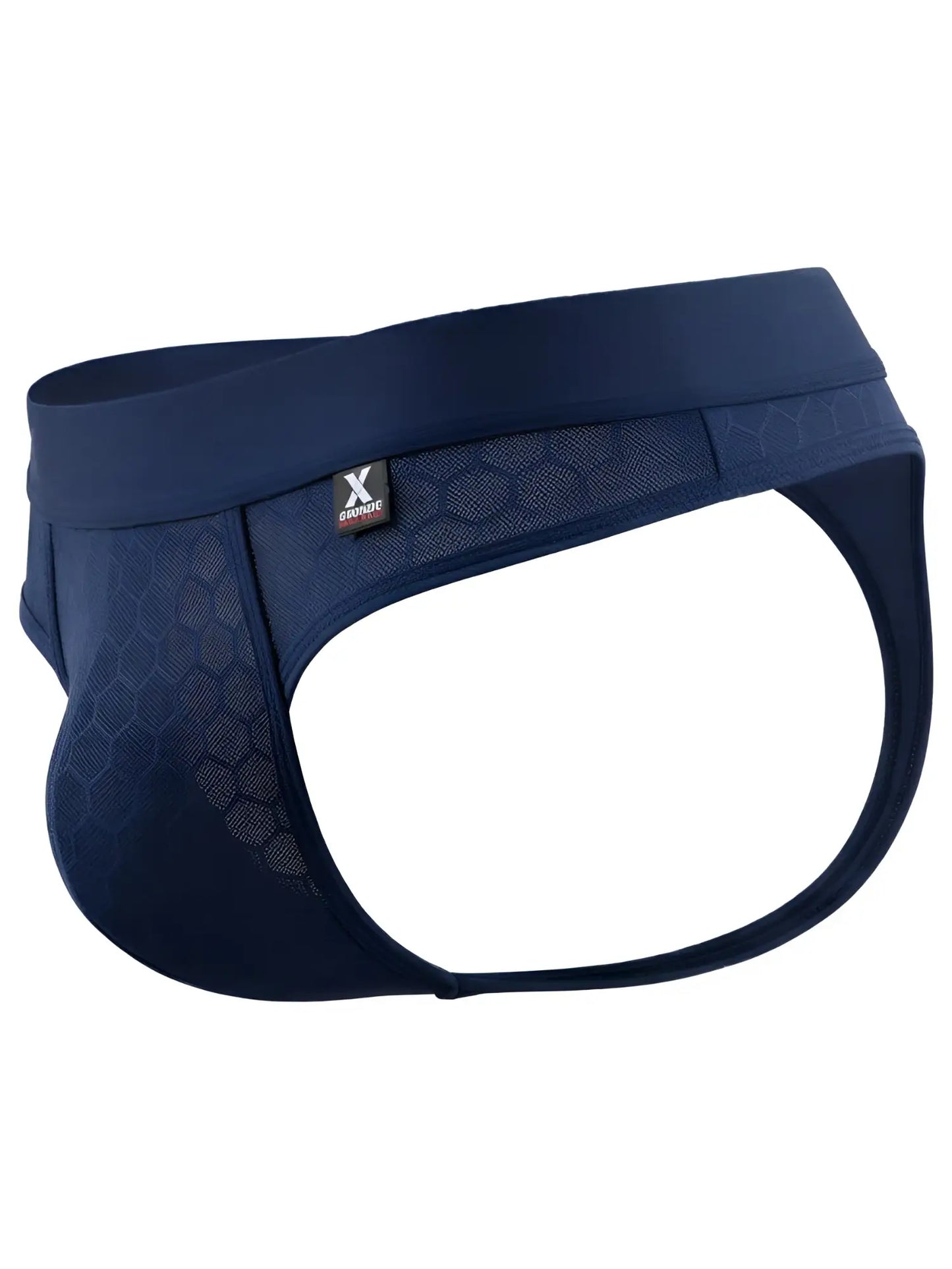 Xtremen navy blue thong with a honeycomb-textured fabric, wide waistband, and branded tag.