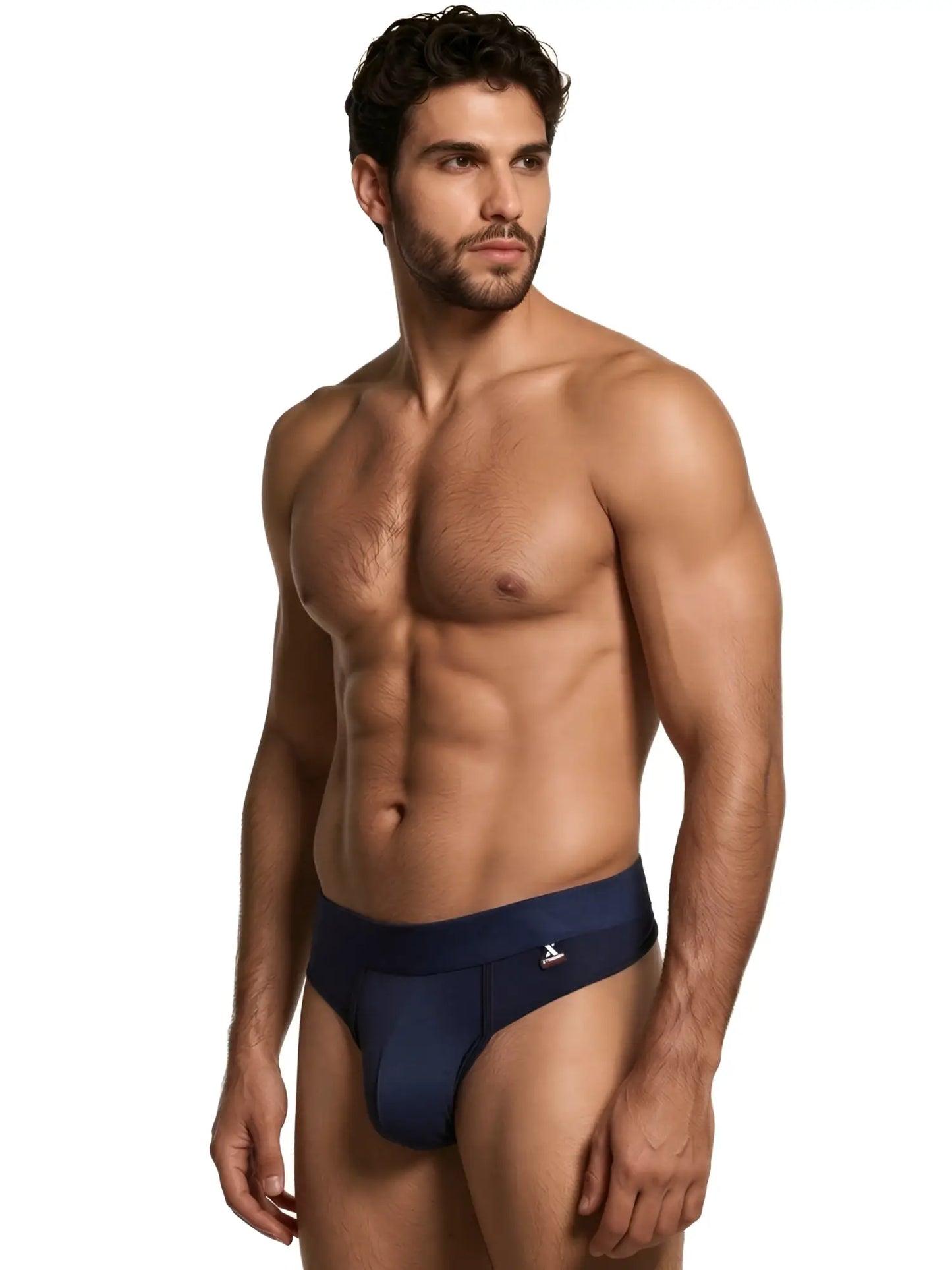 Xtremen men's navy blue thong with a soft sheen, featuring a branded elastic waistband and contoured front pouch.