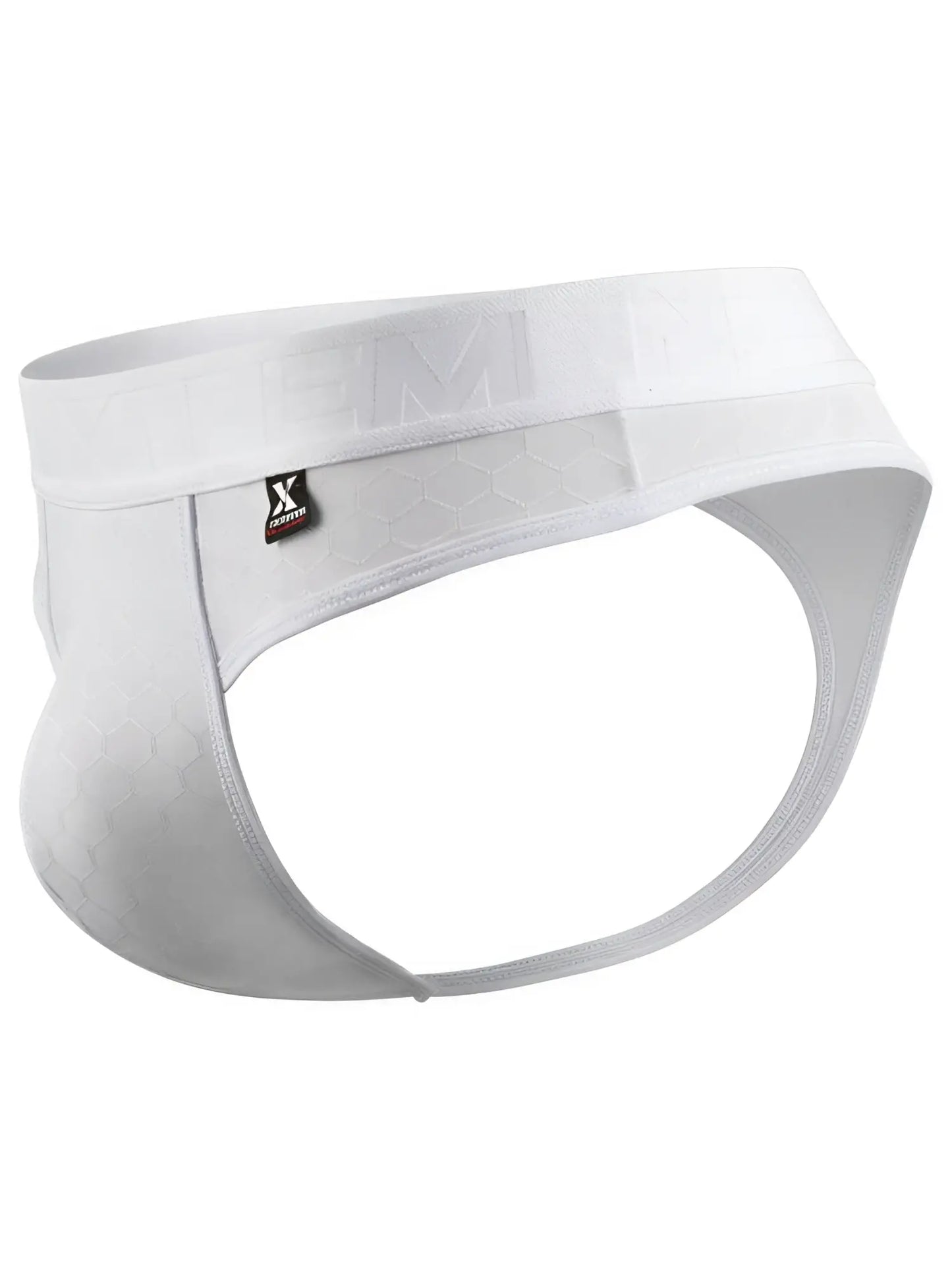 Xtremen white thong with a textured honeycomb pattern, branded elastic waistband, and a contoured pouch fit.