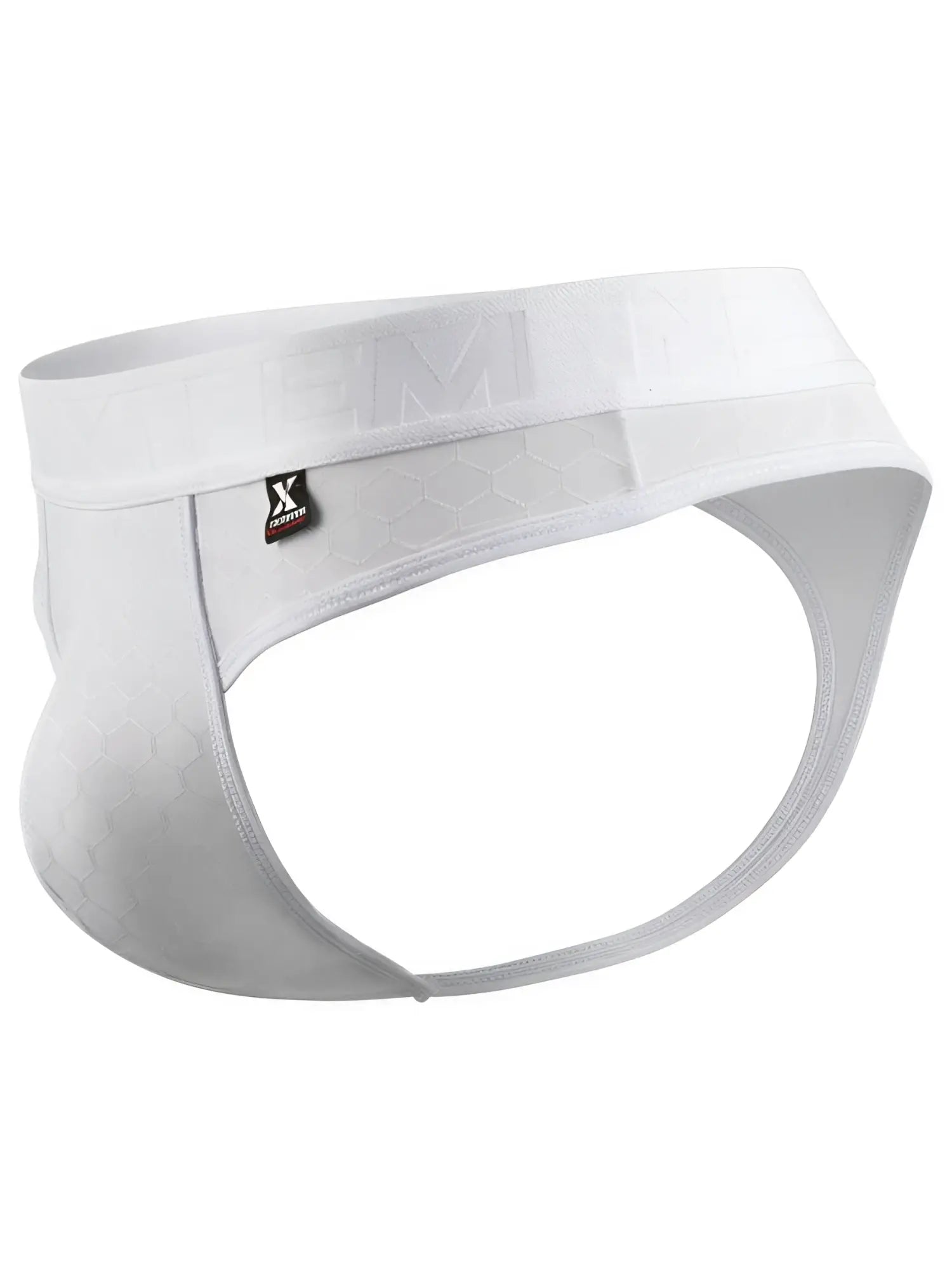 Xtremen white thong with a textured honeycomb pattern, branded elastic waistband, and a contoured pouch fit.