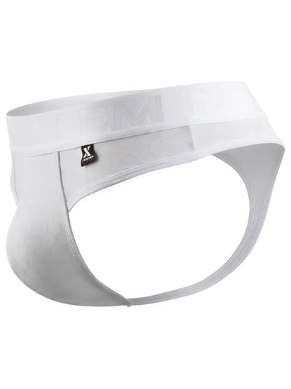 Xtremen white thong with a textured honeycomb pattern, branded elastic waistband, and a contoured pouch fit.