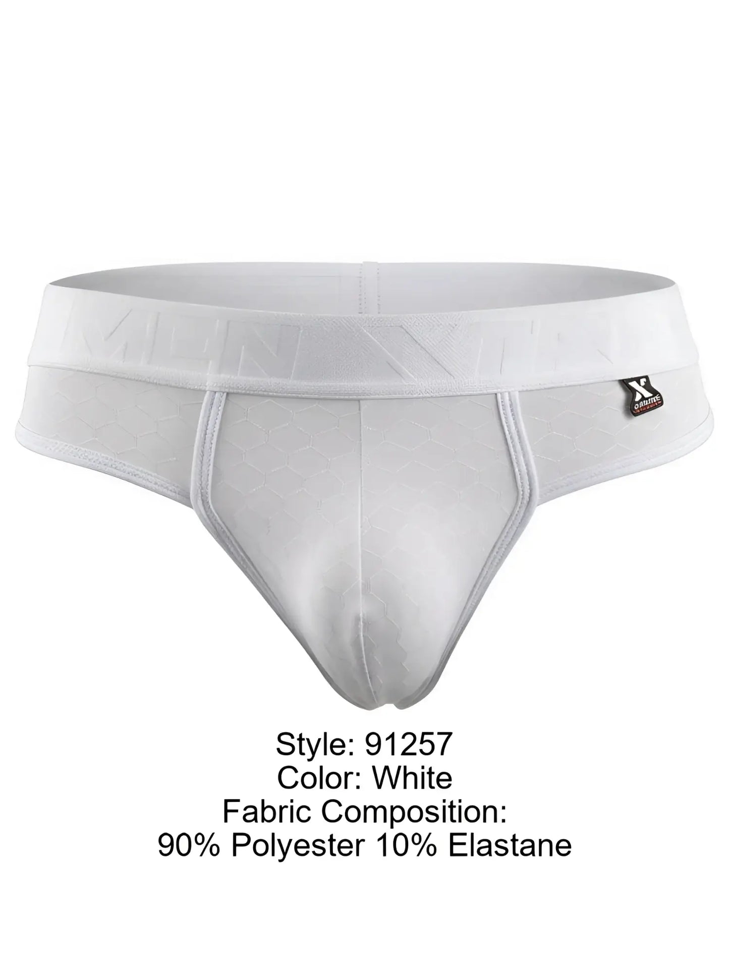 Xtremen white men’s brief with a subtle honeycomb pattern and branded elastic waistband.
