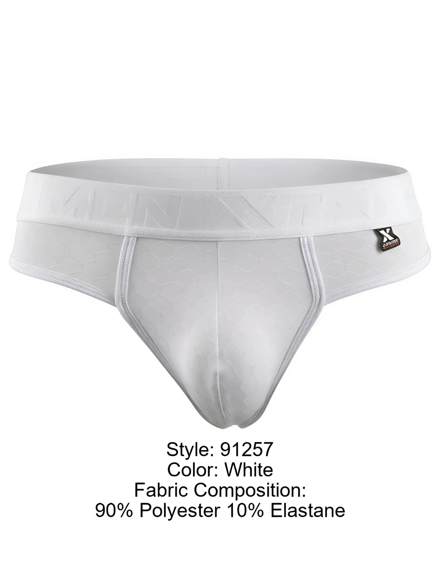Xtremen white men’s brief with a subtle honeycomb pattern and branded elastic waistband.