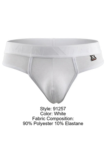 Xtremen white men’s brief with a subtle honeycomb pattern and branded elastic waistband.