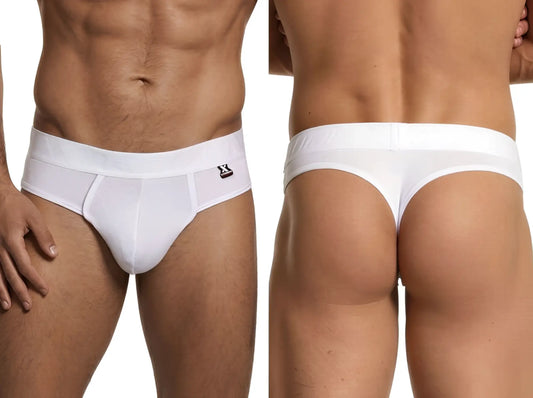 Xtremen white thong featuring a textured honeycomb pattern fabric and a branded elastic waistband. Front and back view.