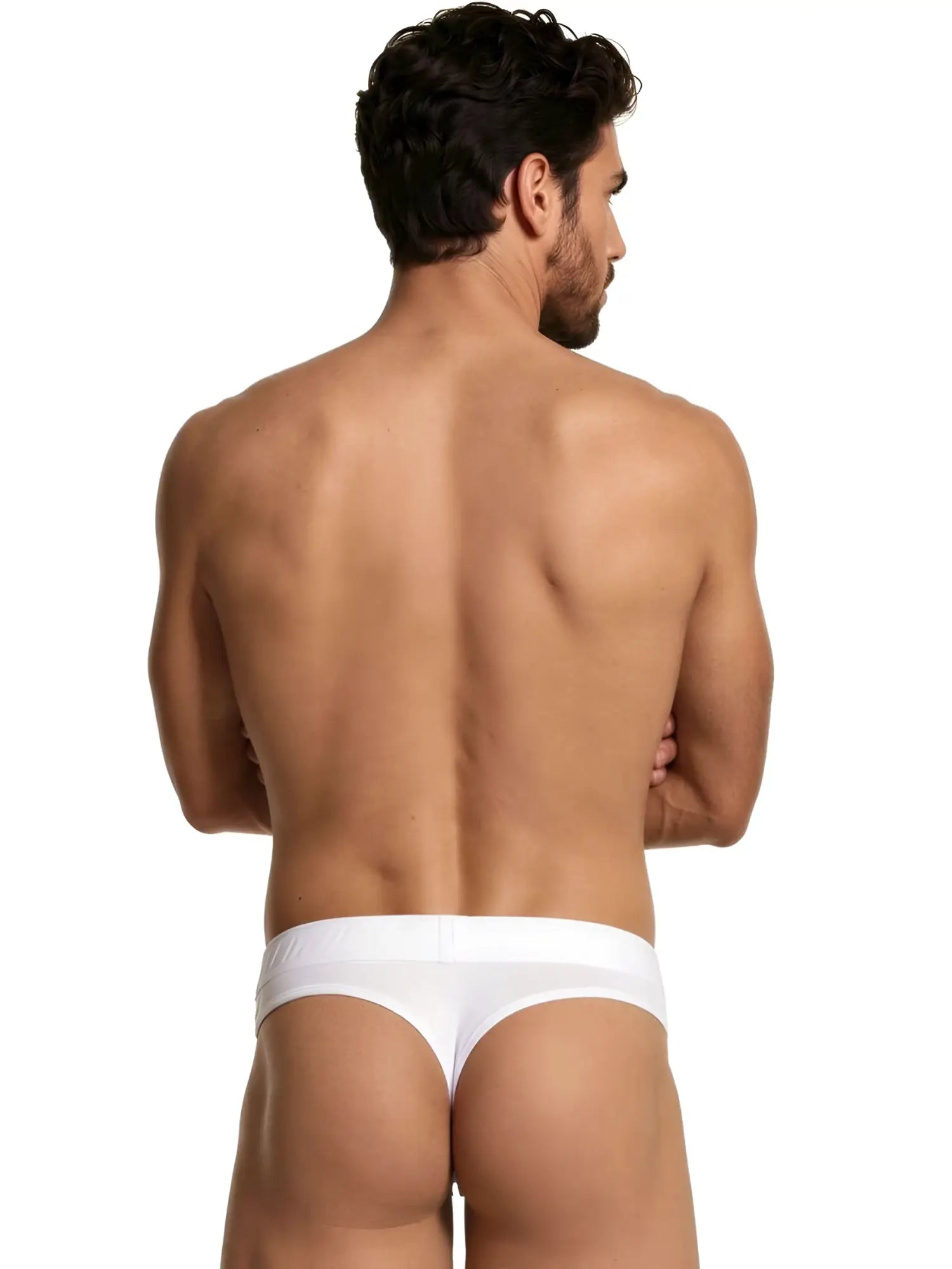 Xtremen white thong featuring a wide, smooth waistband and minimal coverage.