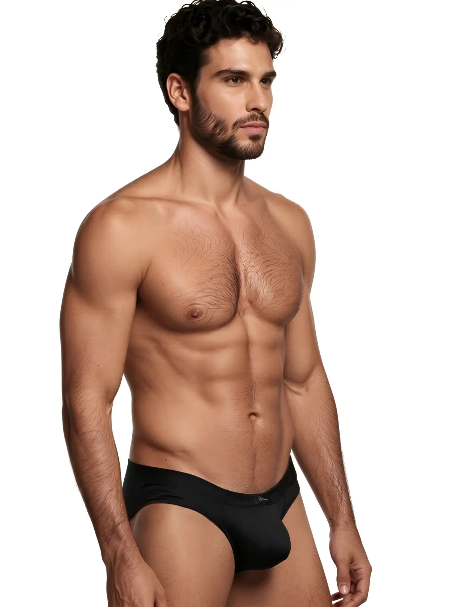 Xtremen black bikini brief in a sleek, form-fitting fabric on a fit male model.