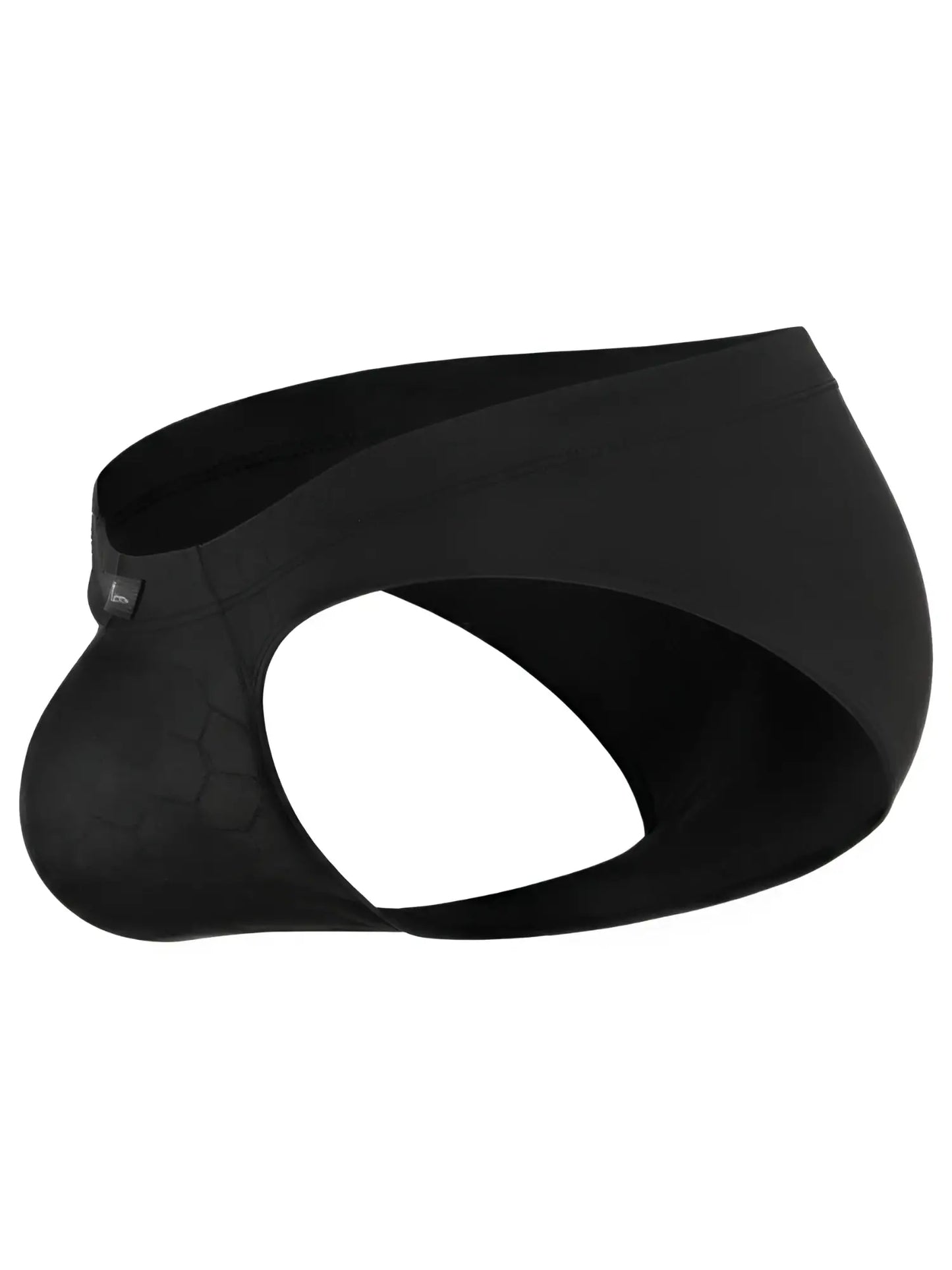 Xtremen black thong featuring a contoured pouch with a subtle hexagonal pattern and minimal side coverage.
