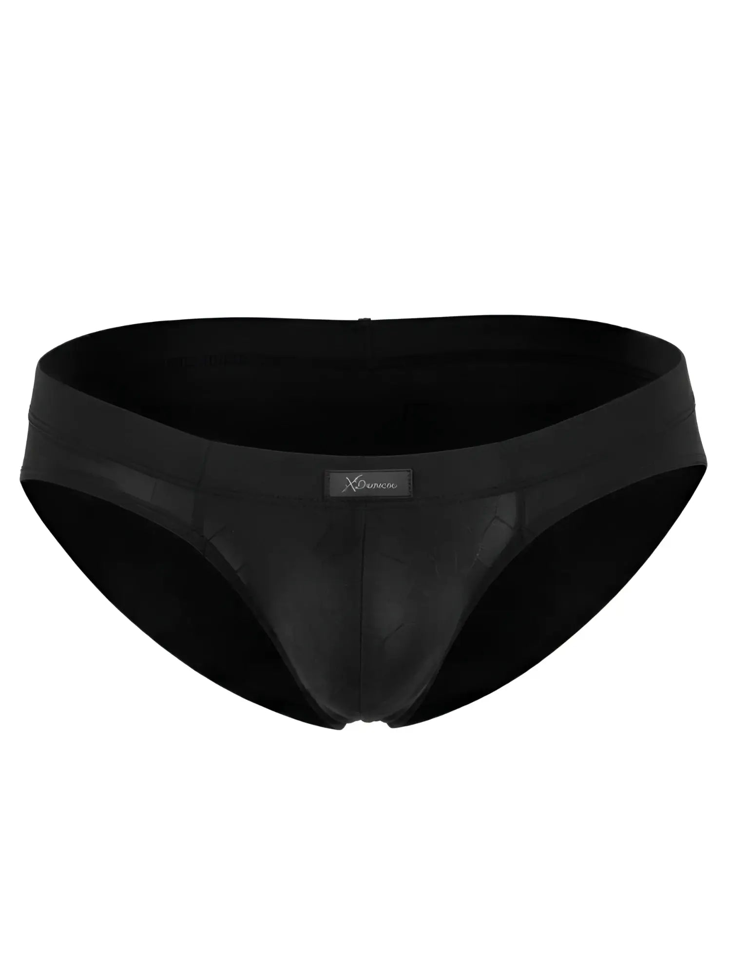 Xtremen black brief with a subtle geometric textured pattern, form-fitting pouch, and branded front center tab.