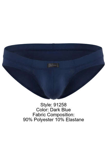 Xtremen dark blue bikini brief with a smooth, matte finish and branded center front tab.
