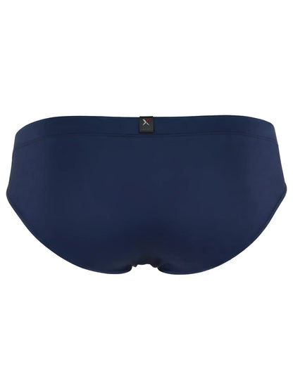 Xtremen navy blue bikini brief with a textured honeycomb pattern and back center brand logo tab.