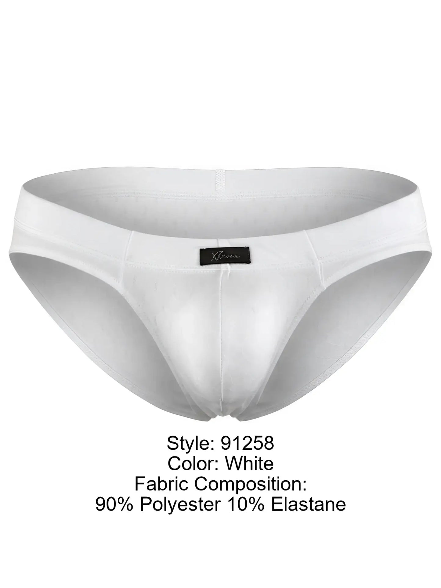 Xtremen white brief with a subtle textured pattern, smooth fabric sheen, and a center brand logo patch.