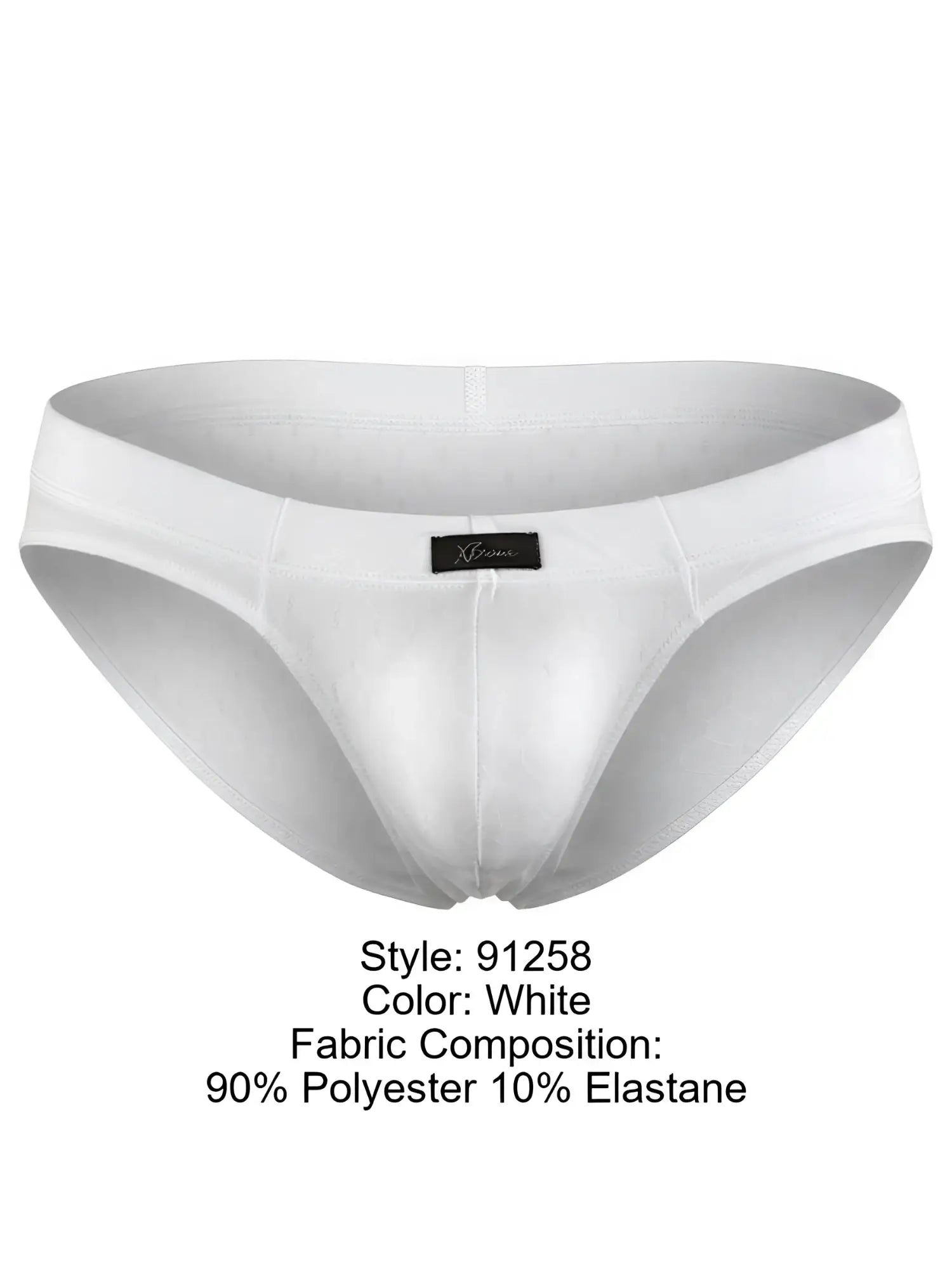 Xtremen white brief with a subtle textured pattern, smooth fabric sheen, and a center brand logo patch.