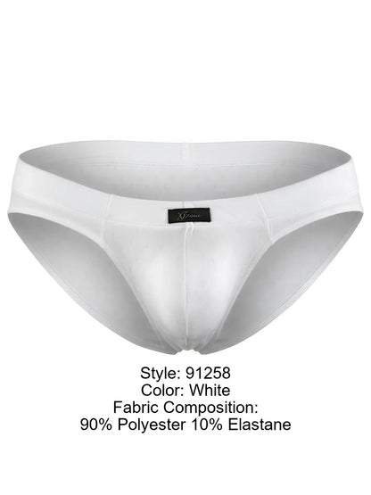 Xtremen white brief with a subtle textured pattern, smooth fabric sheen, and a center brand logo patch.