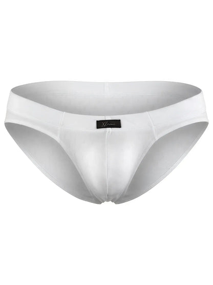 White Xtremen bikini brief with a textured, subtle hexagonal pattern and a centered black branded label.