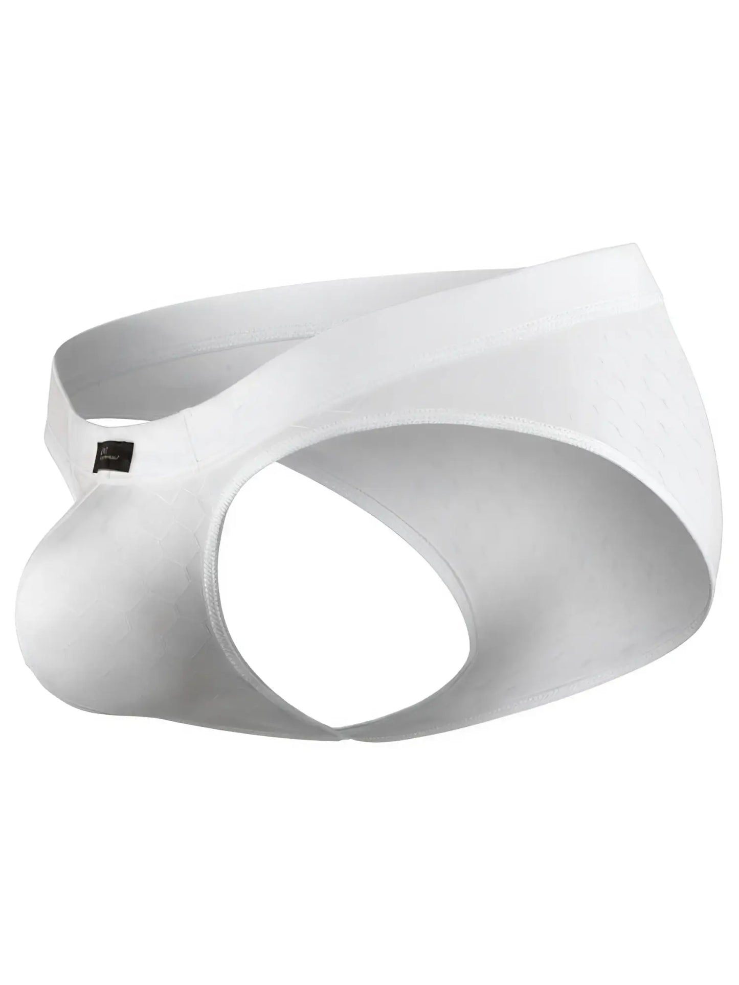 Xtremen white jockstrap with a subtle honeycomb-textured fabric and a branded tag on the waistband.