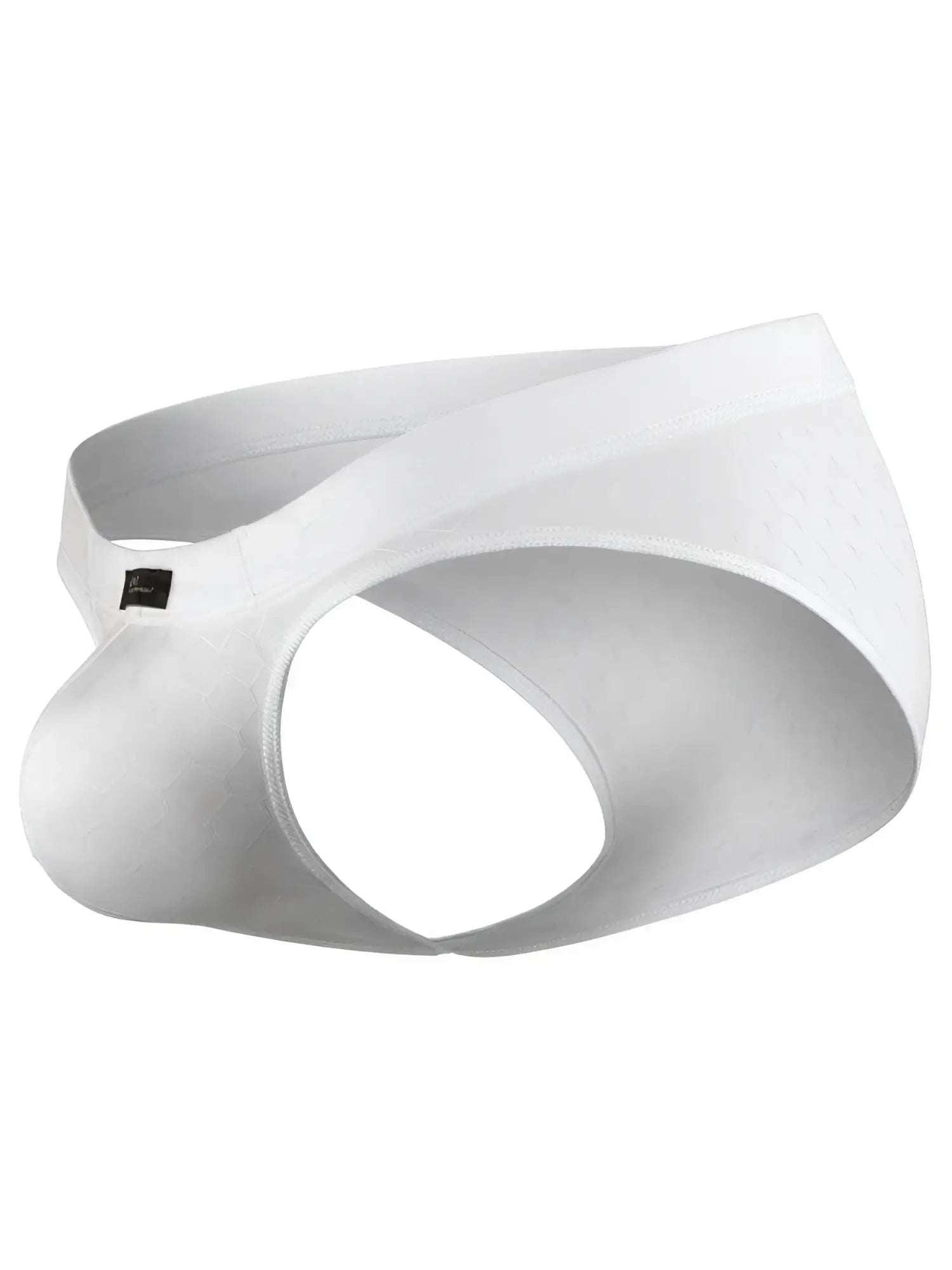 Xtremen white jockstrap with a subtle honeycomb-textured fabric and a branded tag on the waistband.