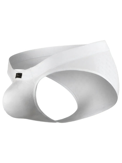 Xtremen white jockstrap with a subtle honeycomb-textured fabric and a branded tag on the waistband.