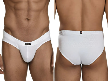 Xtremen white bikini brief with subtle honeycomb texture, sheen fabric, and branded waistband. Front and back view.