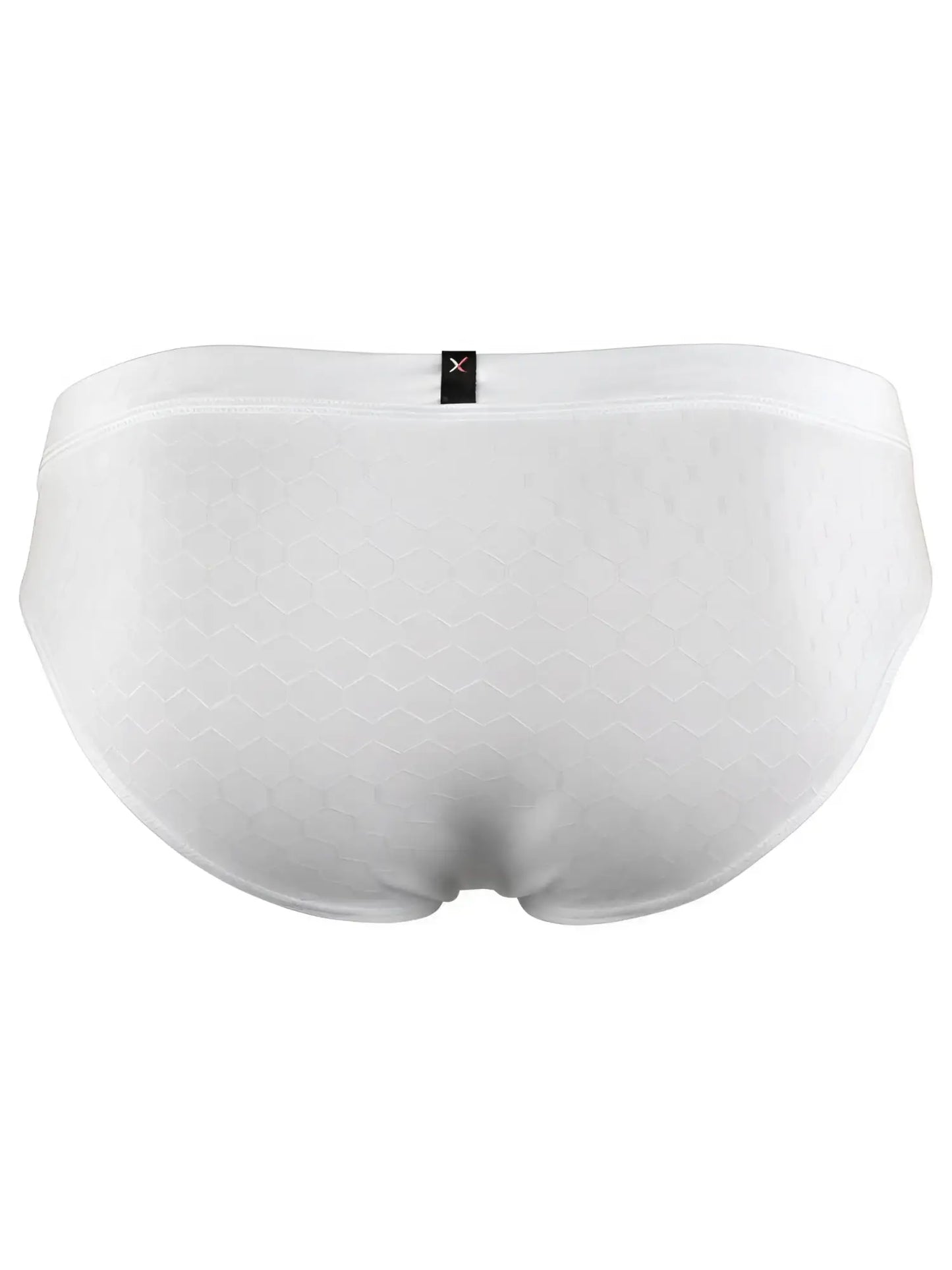 Xtremen white brief with a subtle embossed honeycomb pattern and a small brand logo tag at the center back.