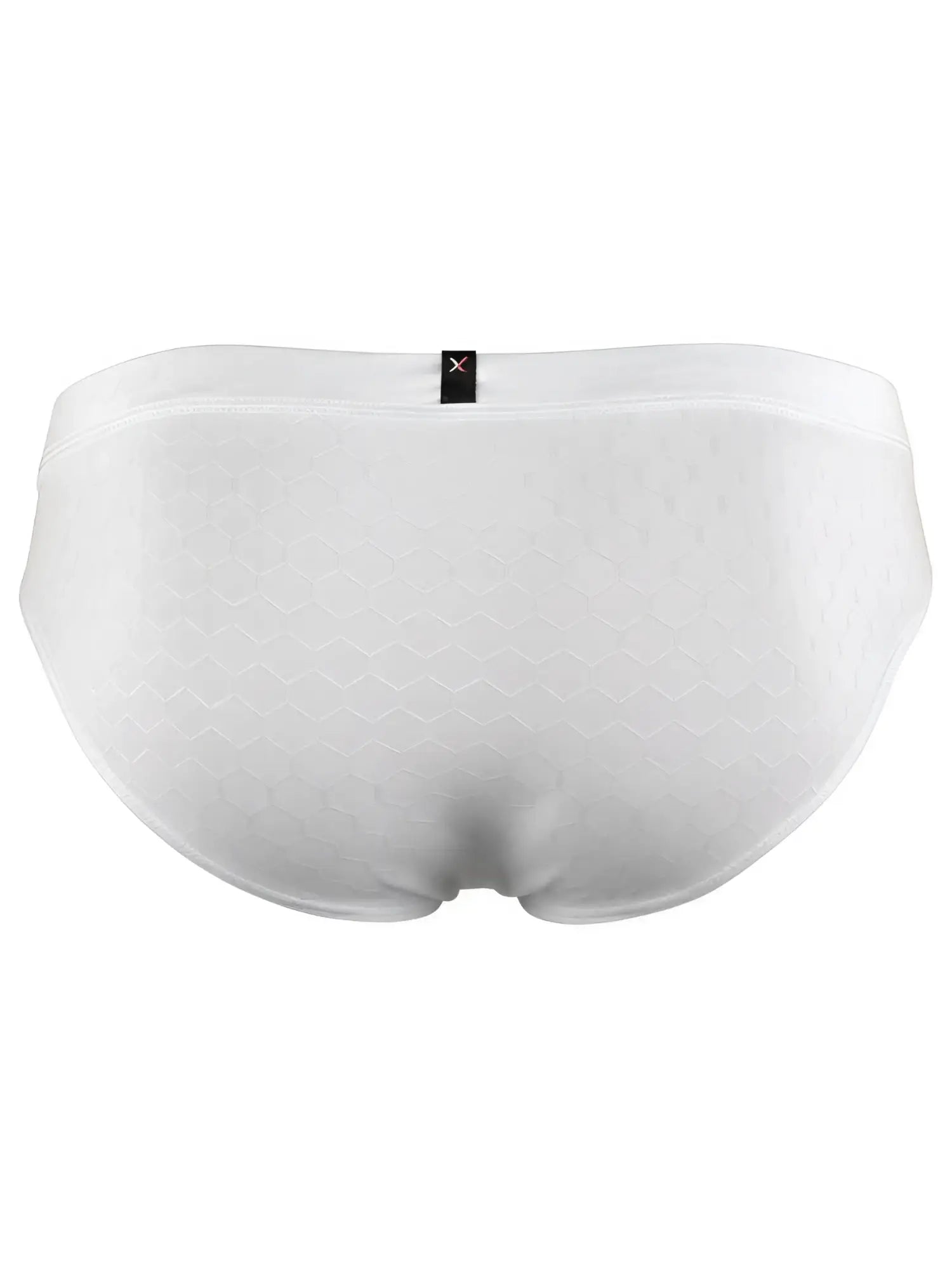 Xtremen white brief with a subtle embossed honeycomb pattern and a small brand logo tag at the center back.