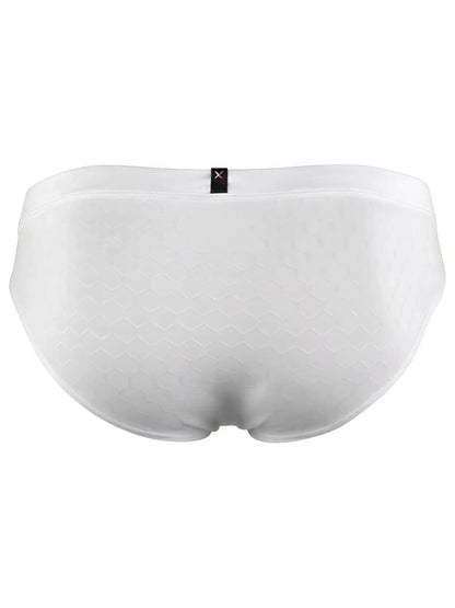 Xtremen white brief with a subtle embossed honeycomb pattern and a small brand logo tag at the center back.