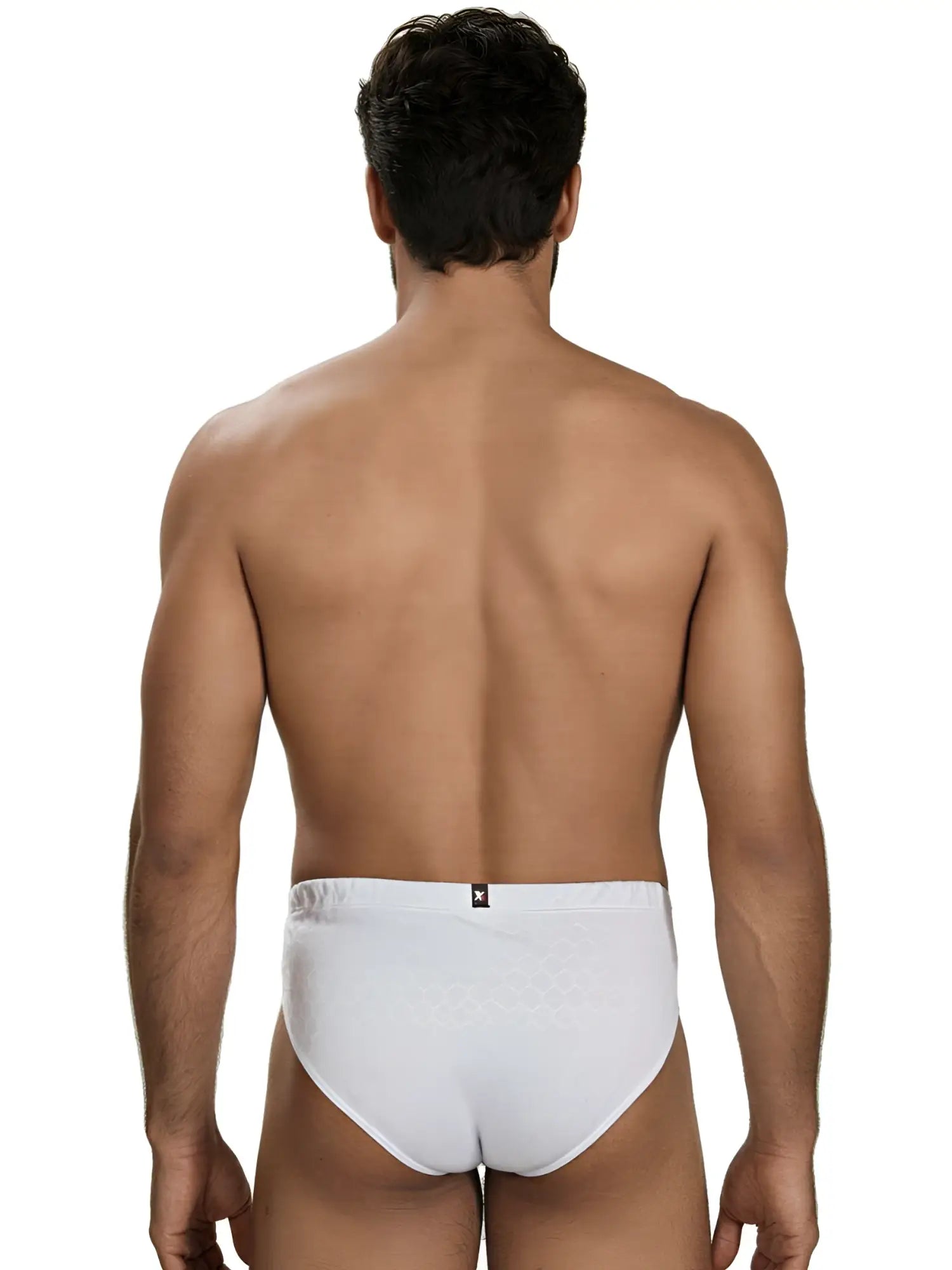 Xtremen white bikini brief with a subtle honeycomb-textured fabric pattern, viewed from the back.