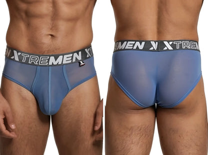 Xtremen blue sheer mesh bikini brief with a grey logo waistband, shown from front and back views.