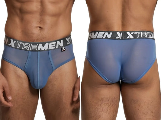 Xtremen blue sheer mesh bikini brief with a grey logo waistband, shown from front and back views.