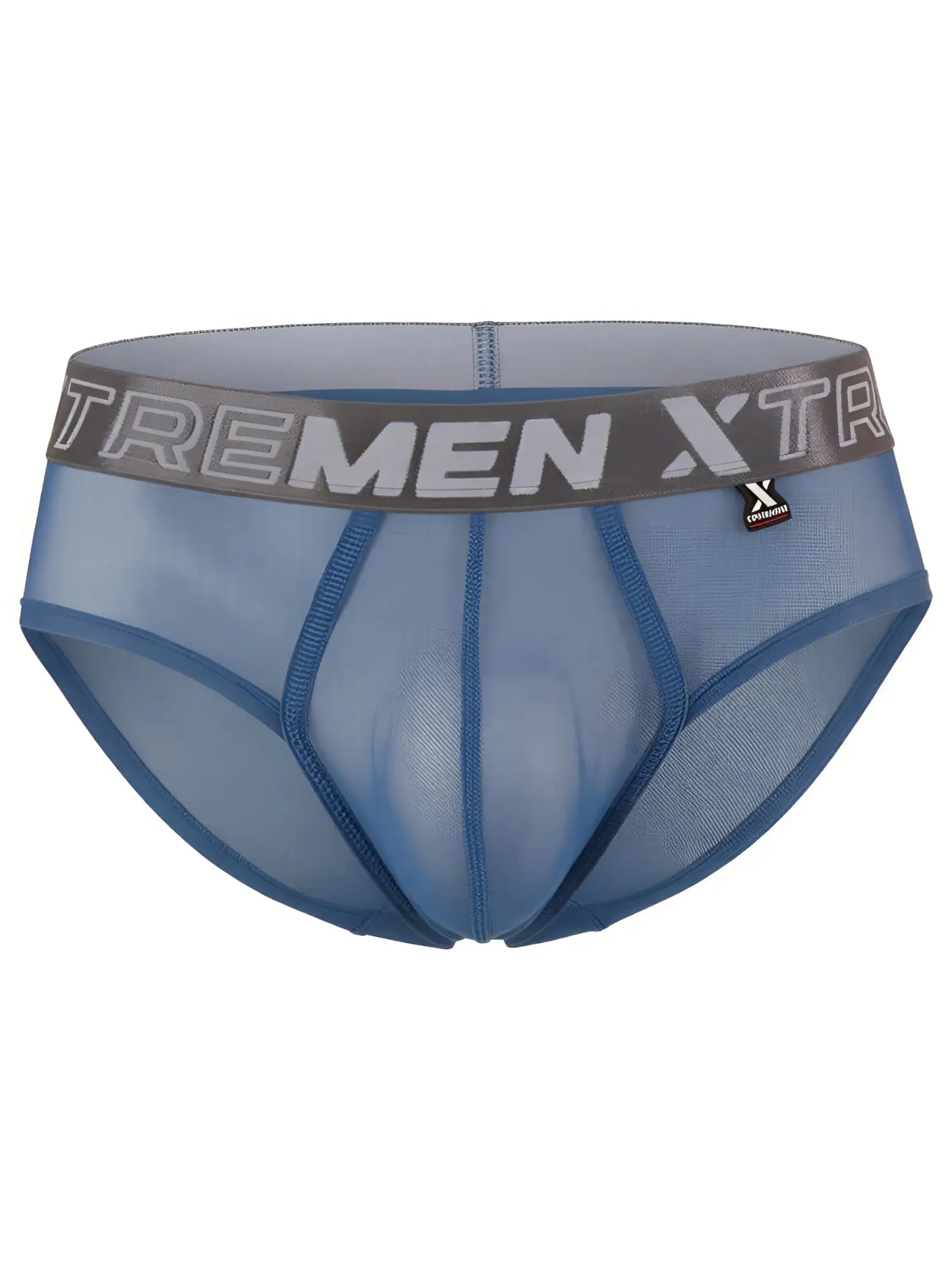 Xtremen blue sheer mesh brief with a contoured pouch and branded elastic waistband.