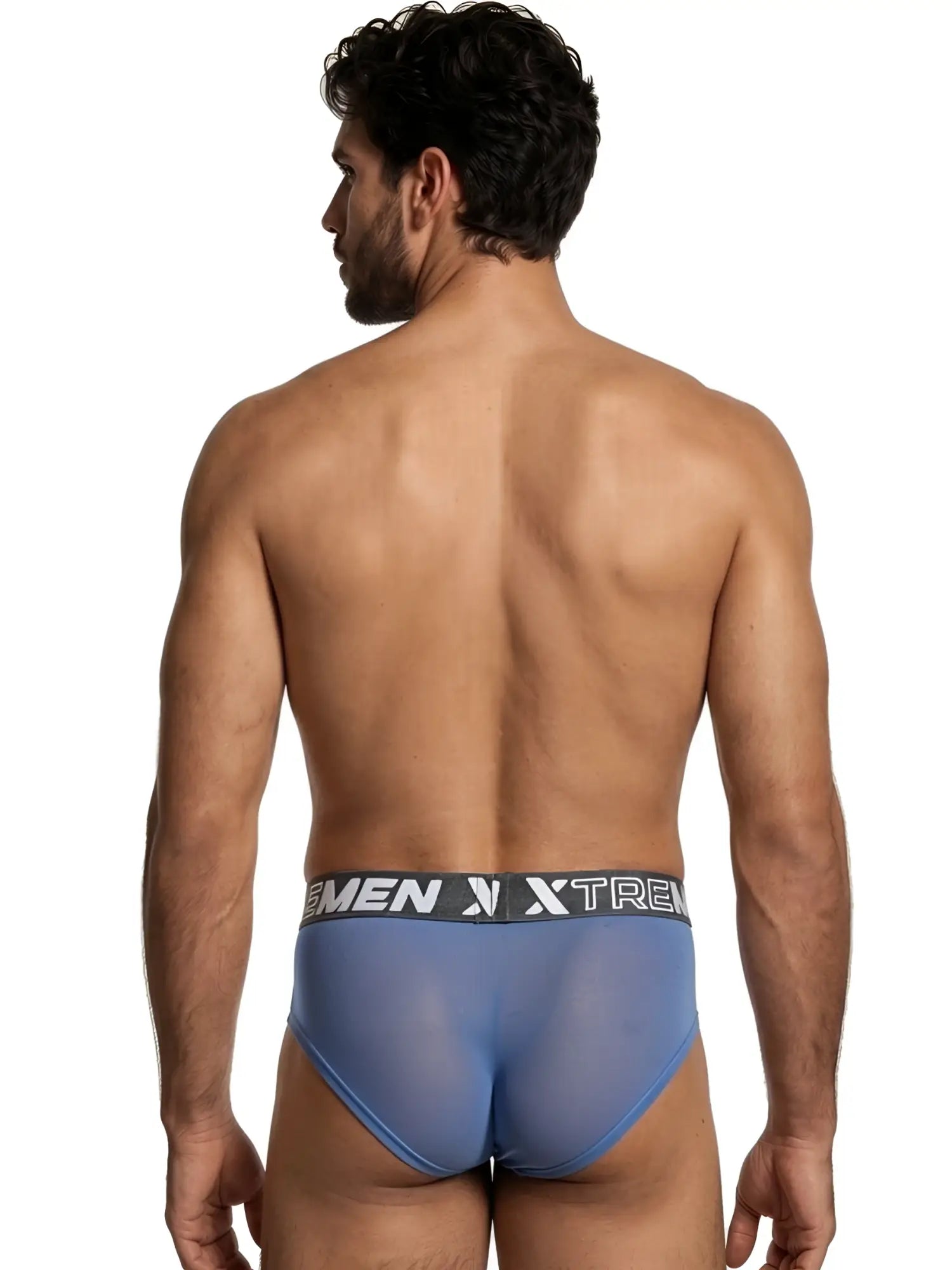 Xtremen men’s blue bikini brief with a sheer mesh fabric and branded elastic waistband, seen from behind.