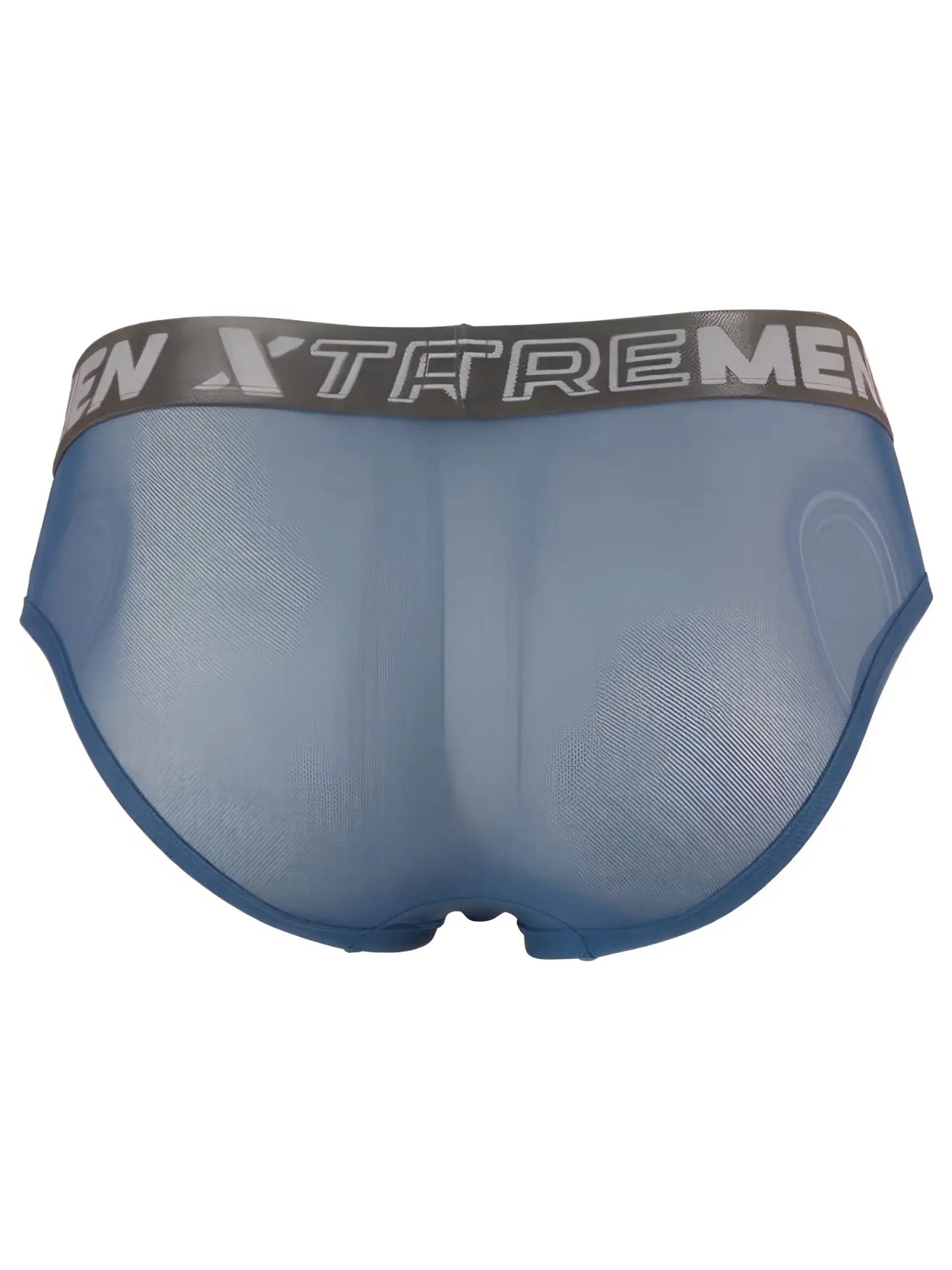 Xtremen blue mesh brief with a grey logo waistband and sheer, form-fitting fabric.