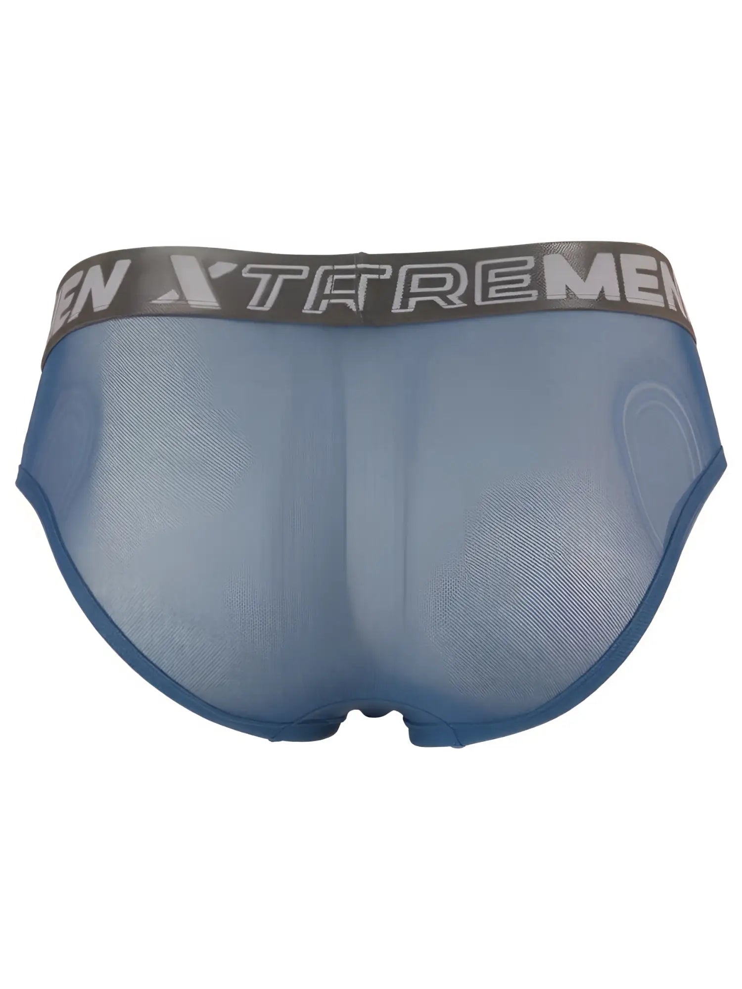 Xtremen blue mesh brief with a grey logo waistband and sheer, form-fitting fabric.