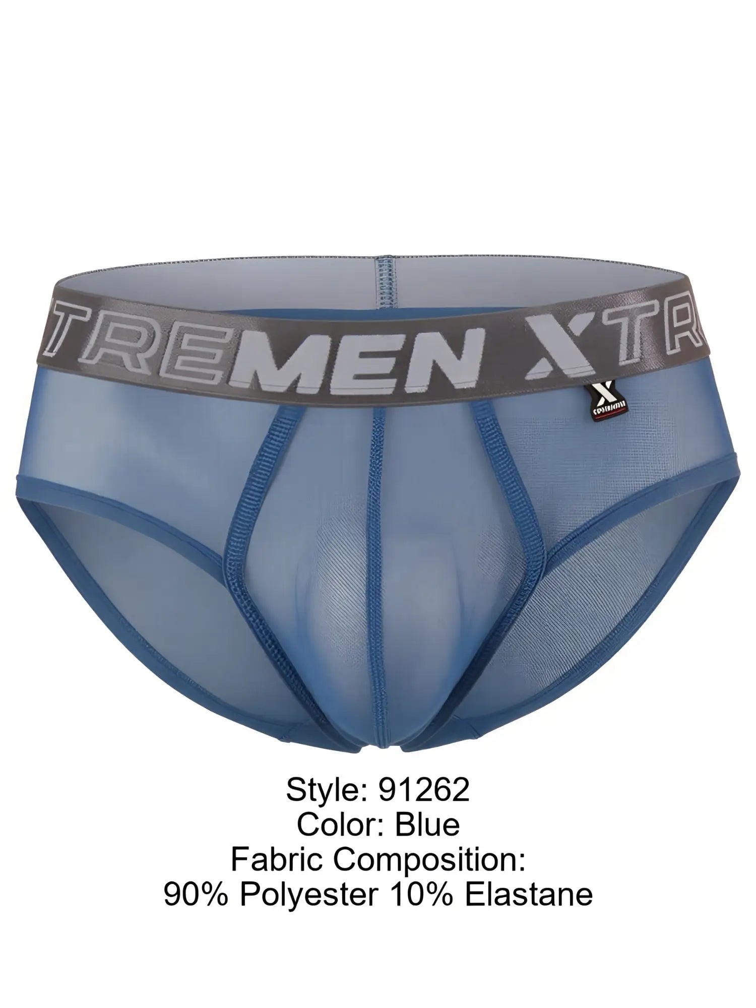 Blue Xtremen mesh brief with a grey logo waistband, athletic fit, and structured contour pouch.