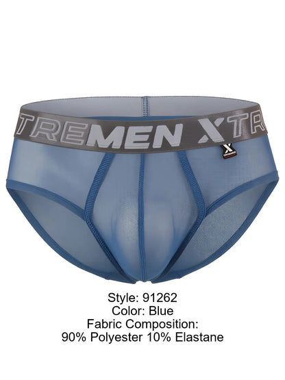 Blue Xtremen mesh brief with a grey logo waistband, athletic fit, and structured contour pouch.
